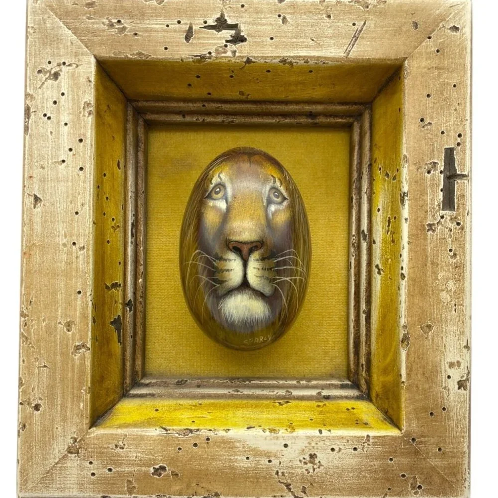 African hand painted lions face on‎ stone egg framed signed Searcy rustic